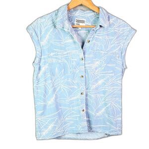 Vans Sleeveless Blouse Blue Small Button Front Folded Cuffs Casual